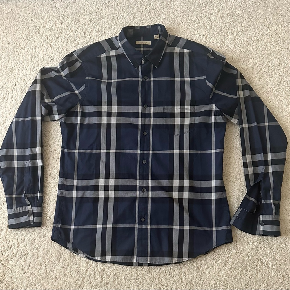 Men’s Burberry Brit Plaid Blue Gray Long Sleeve Shirt Size Large